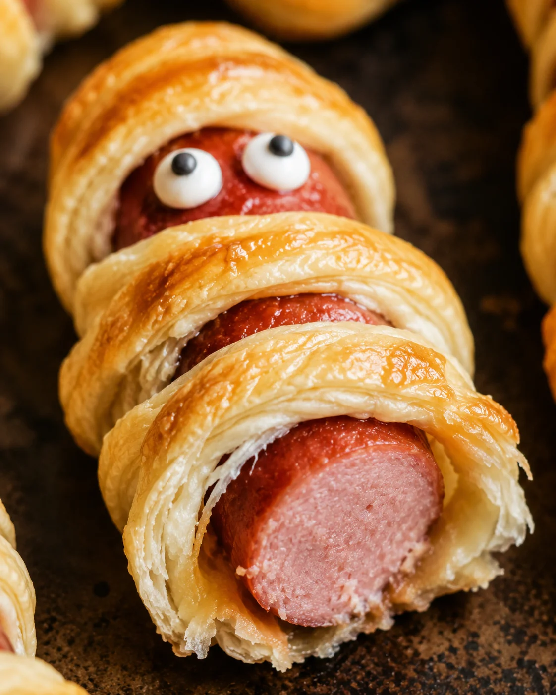 Close-up cross-section of a mummy hot dog showing the cooked hot dog interior and flaky pastry