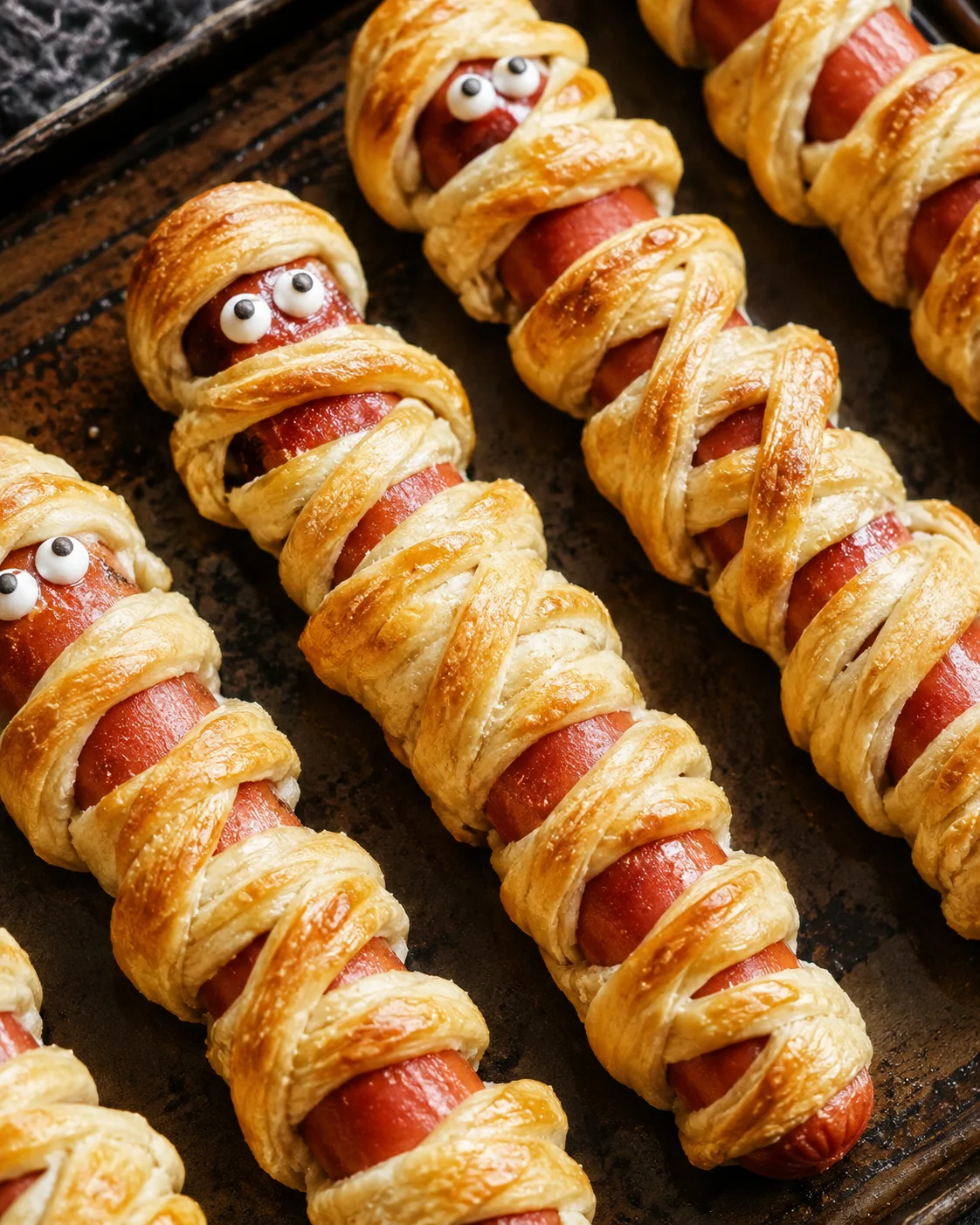 Tray of baked mummy hot dogs wrapped in golden crescent dough with candy eyes
