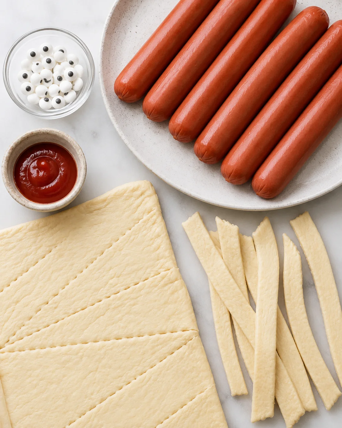 Top-down view of hot dogs, crescent dough strips, candy eyes and ketchup
