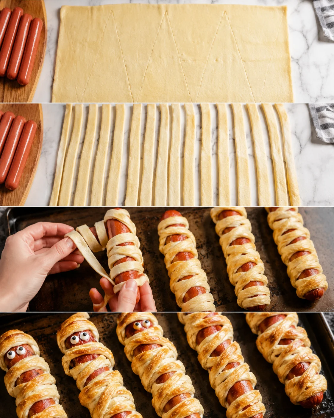 Step-by-step collage showing cutting dough into strips, wrapping hot dogs and the baked results