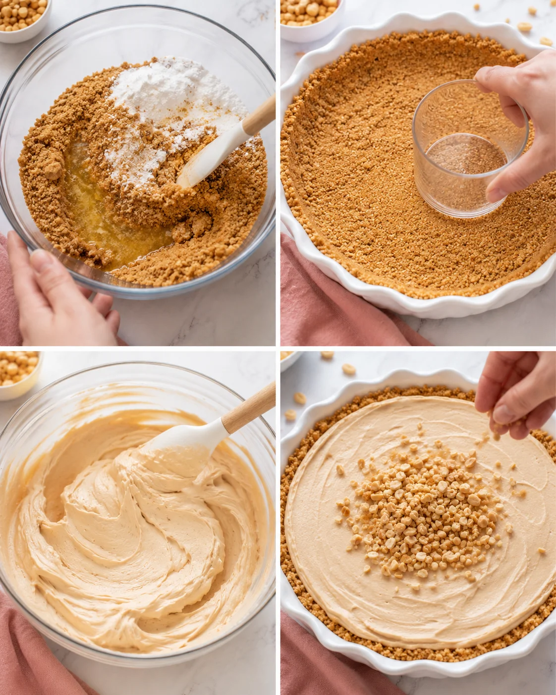 Four-panel collage showing mixing crust, pressing crust into pie pan, whipping filling, and sprinkling peanuts on top