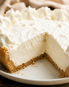 No-bake vanilla cream pie with a slice removed showing the creamy interior and graham crust