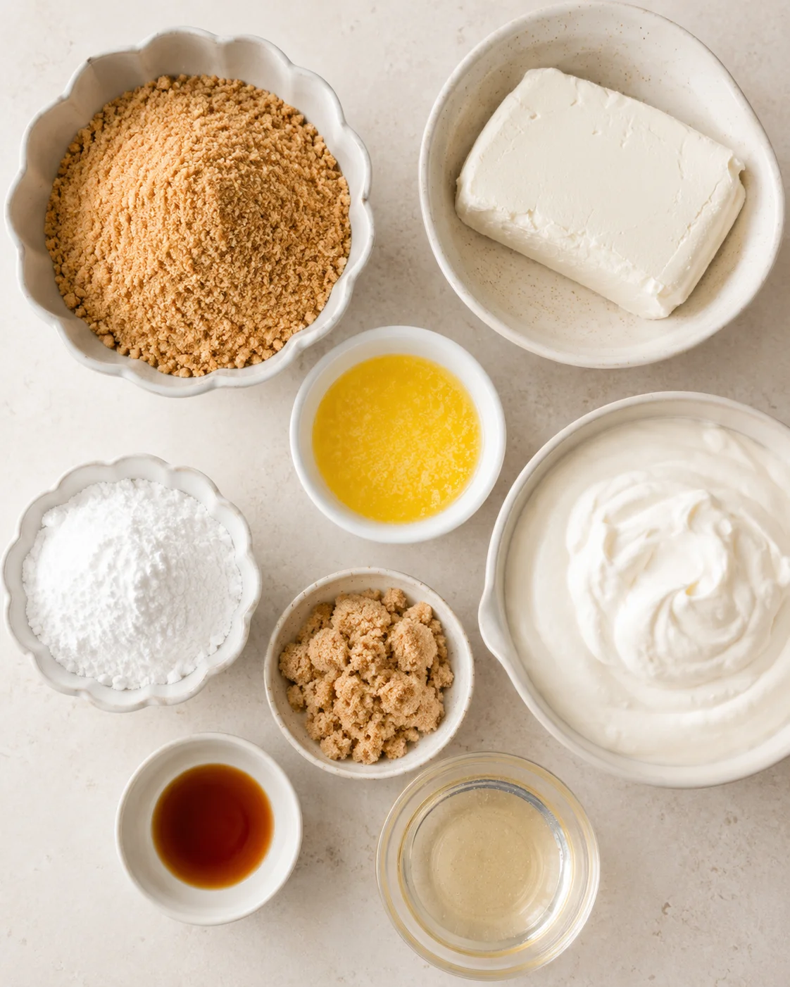 Top-down view of ingredients for no-bake vanilla cream pie including cream cheese, whipped cream, graham crumbs, sugars, butter, vanilla, and corn syrup