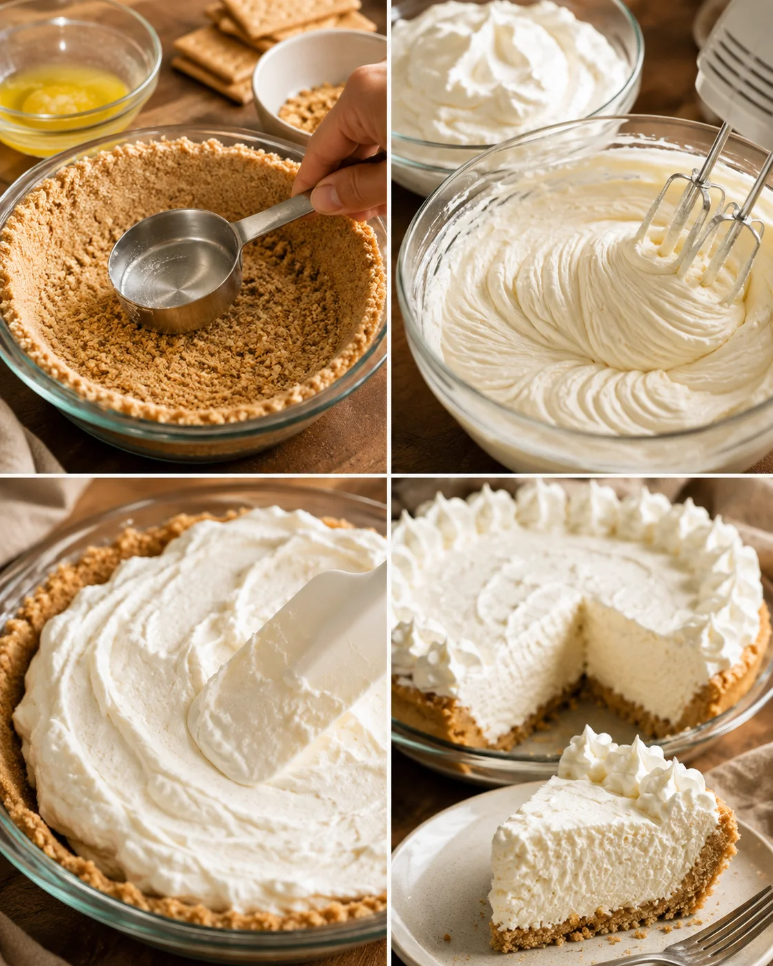 Collage of preparation steps showing crust pressing, beating the filling, spreading into crust, and a plated slice