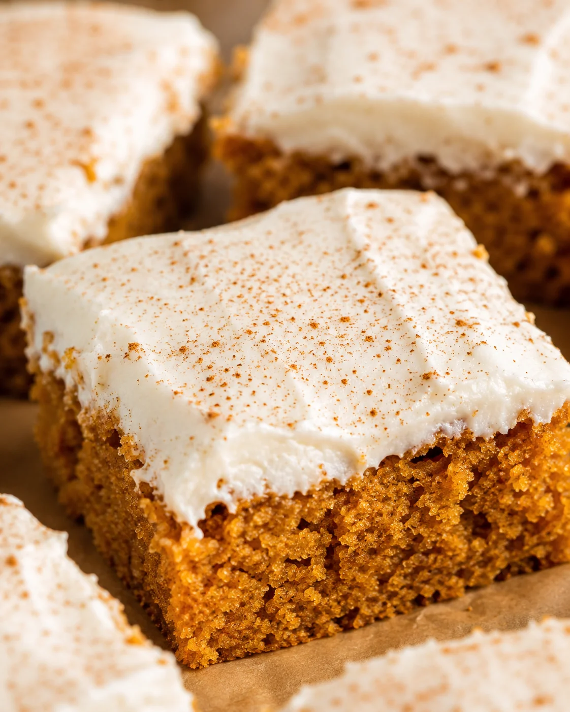 Close-up of moist pumpkin bars with creamy frosting and sprinkled spices