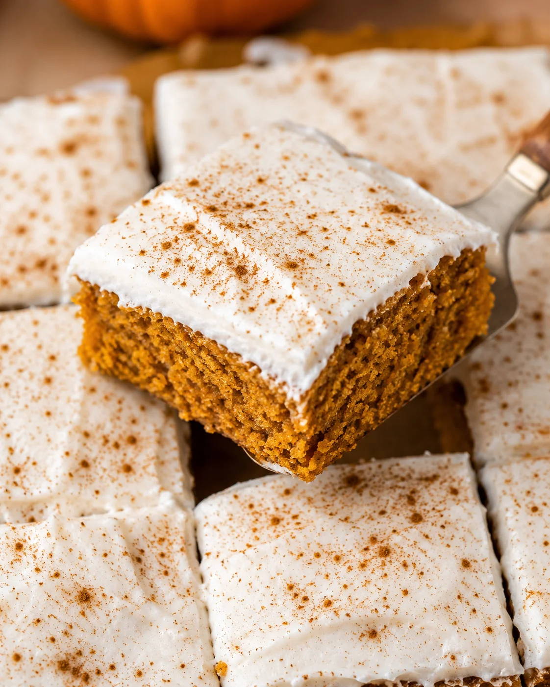 Close-up of moist pumpkin bars topped with a creamy frosting and sprinkled with spices