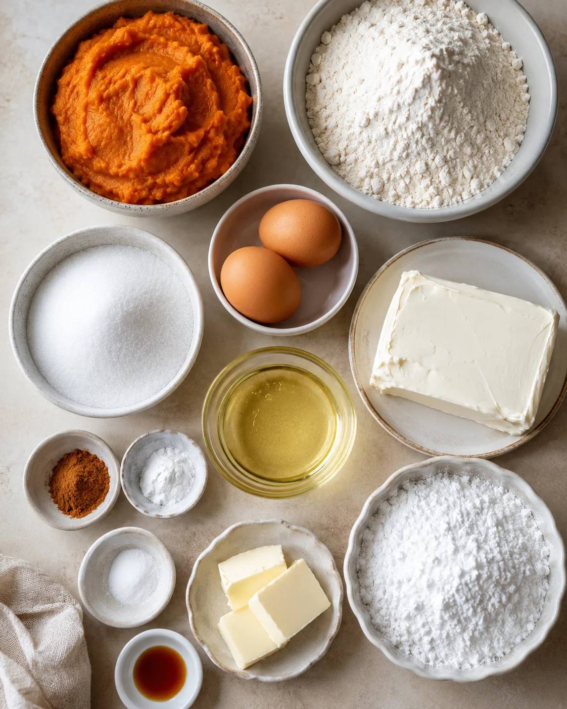 Ingredients for pumpkin bars including pumpkin puree, eggs, flour, and cream cheese frosting.