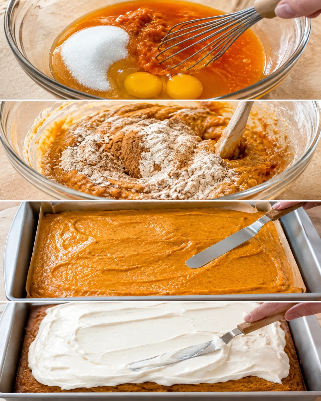 Step-by-step images of preparing pumpkin bars with cream cheese frosting.