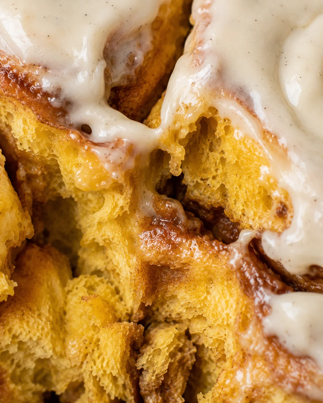 Close-up of soft pumpkin cinnamon rolls topped with vanilla bean maple frosting.
