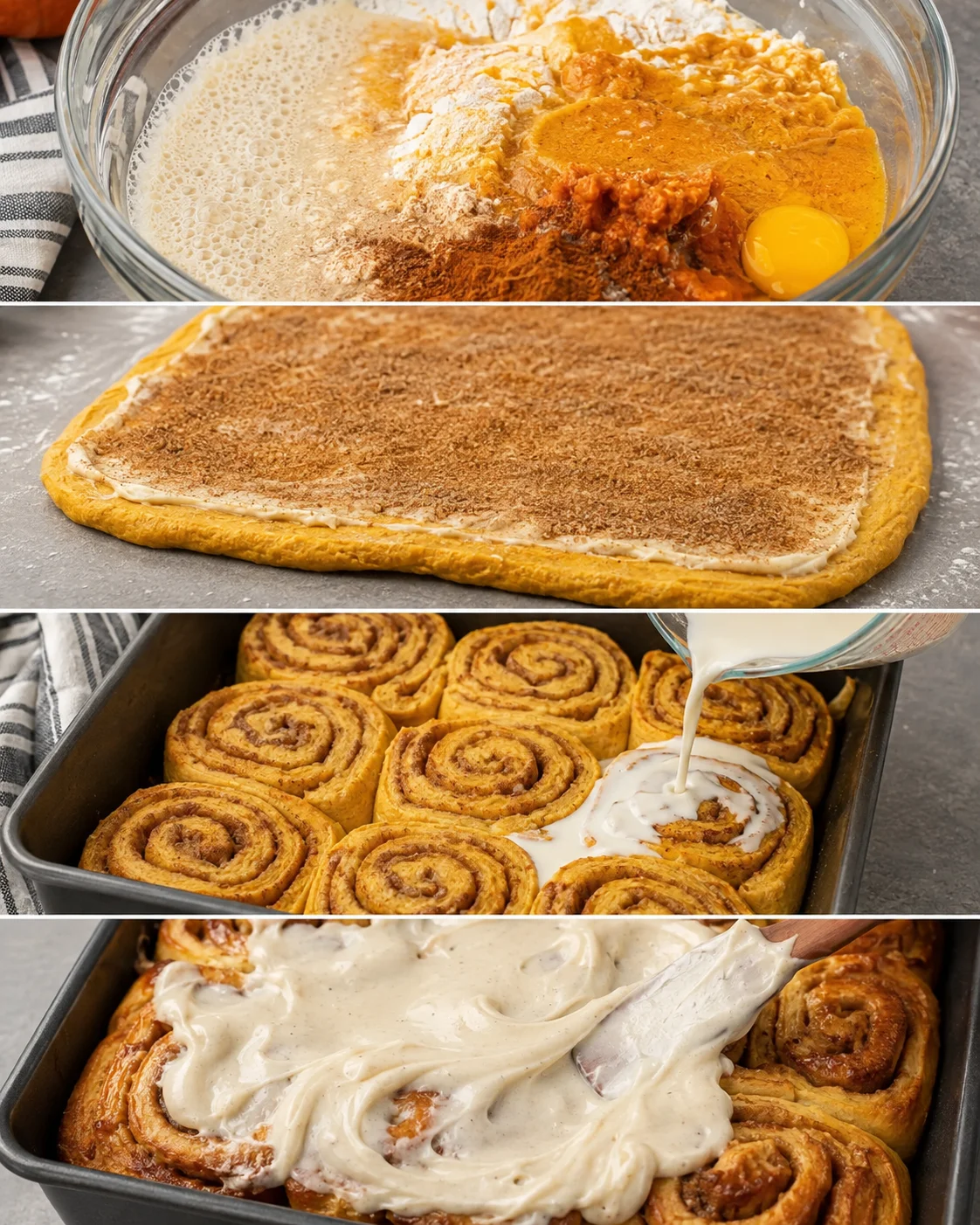 Soft, fluffy pumpkin cinnamon rolls topped with creamy vanilla bean maple frosting.