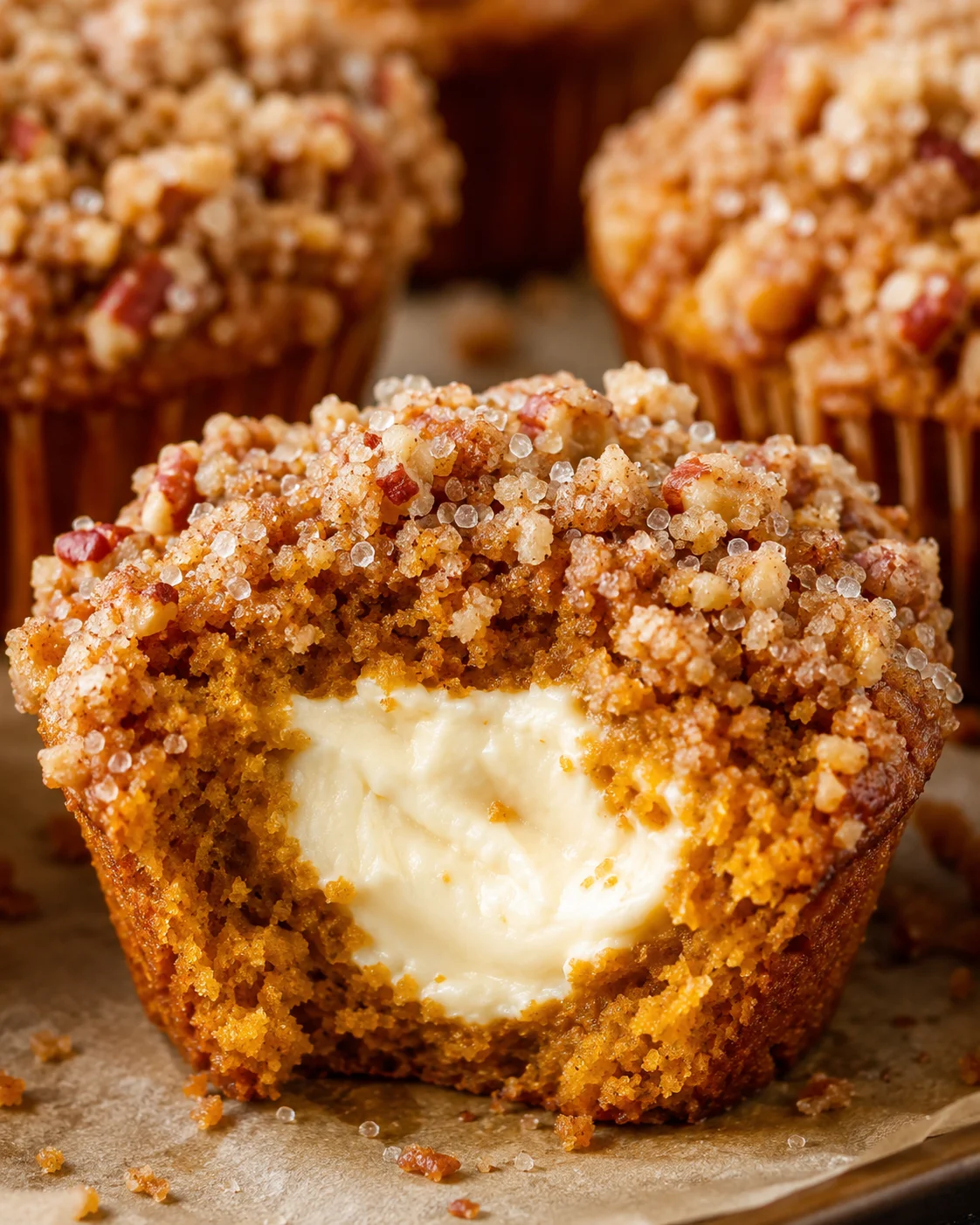 Close-up of a moist pumpkin muffin with creamy filling and crunchy streusel topping.