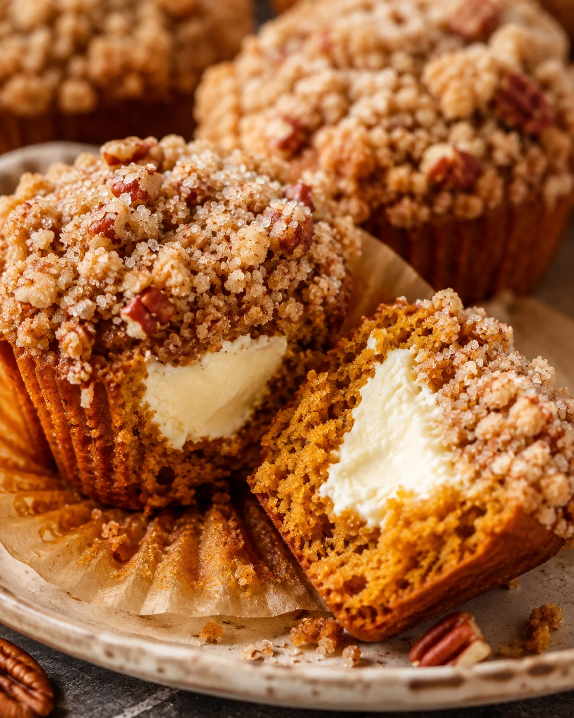 Close-up of moist pumpkin muffins with crumb topping and creamy filling.