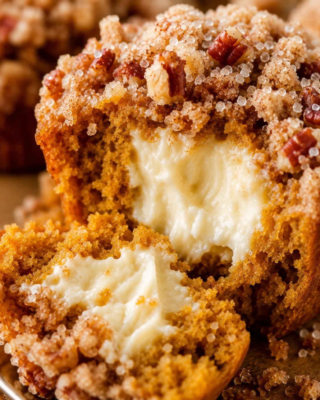 Close-up of moist pumpkin muffins filled with creamy cheese center and streusel topping