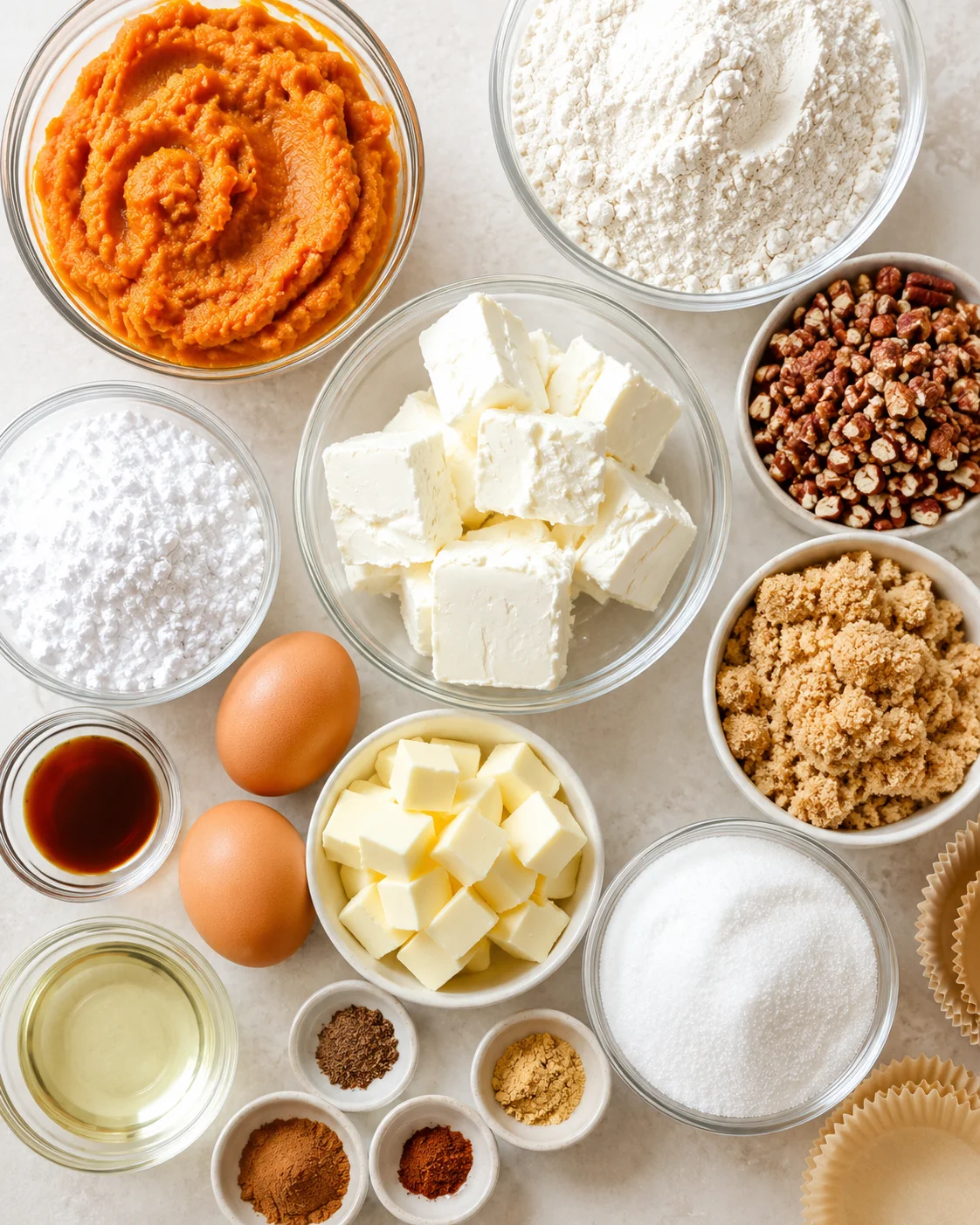 Close-up of pumpkin cream cheese muffin ingredients and preparation steps.