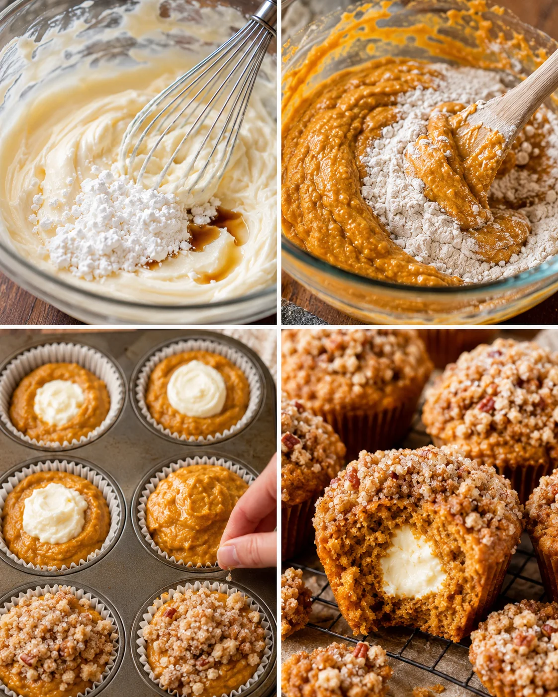 Step-by-step process of preparing moist pumpkin muffins with cream cheese filling and crumb topping