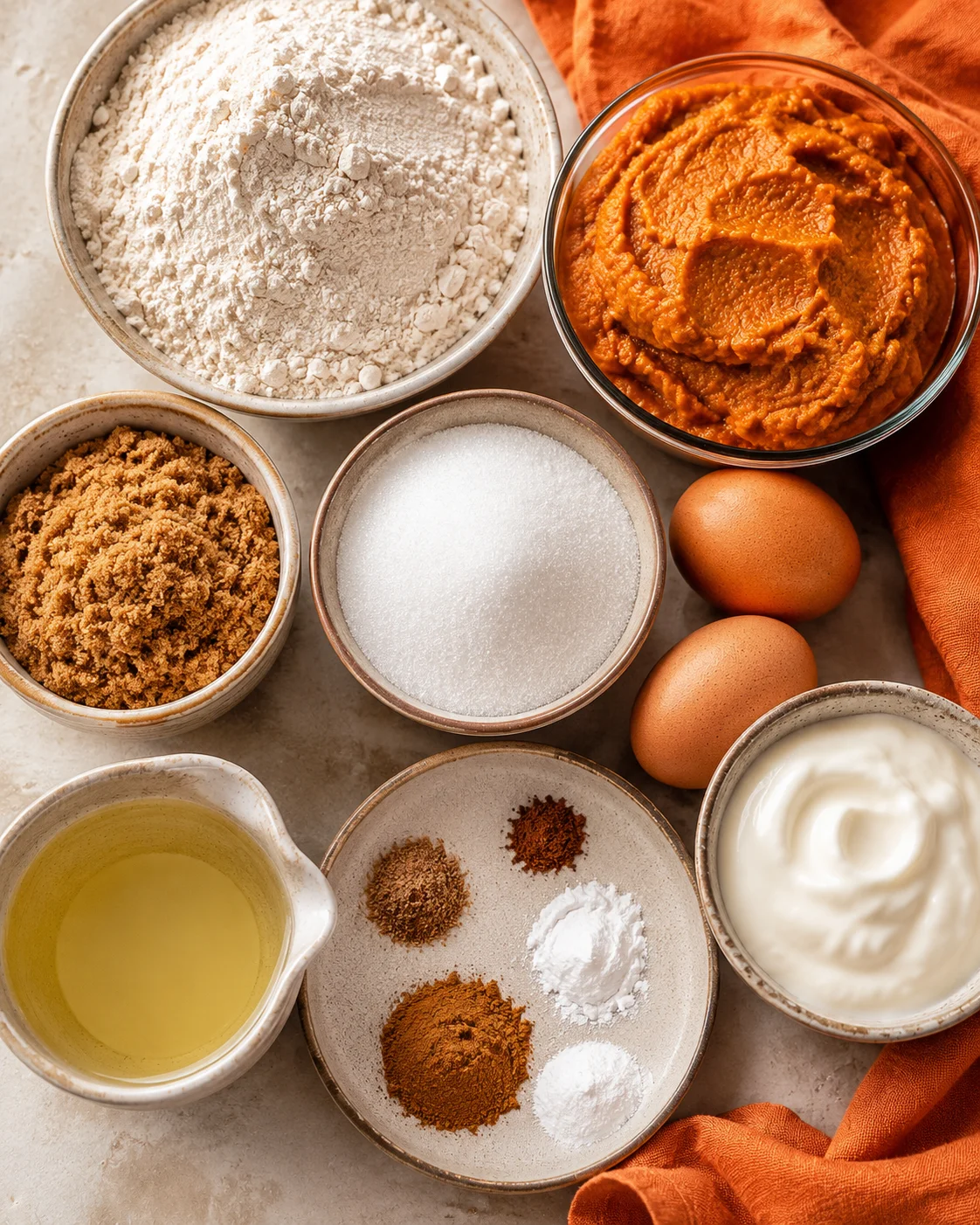 Assorted ingredients for making moist and flavorful pumpkin muffins, including pumpkin puree and spices.