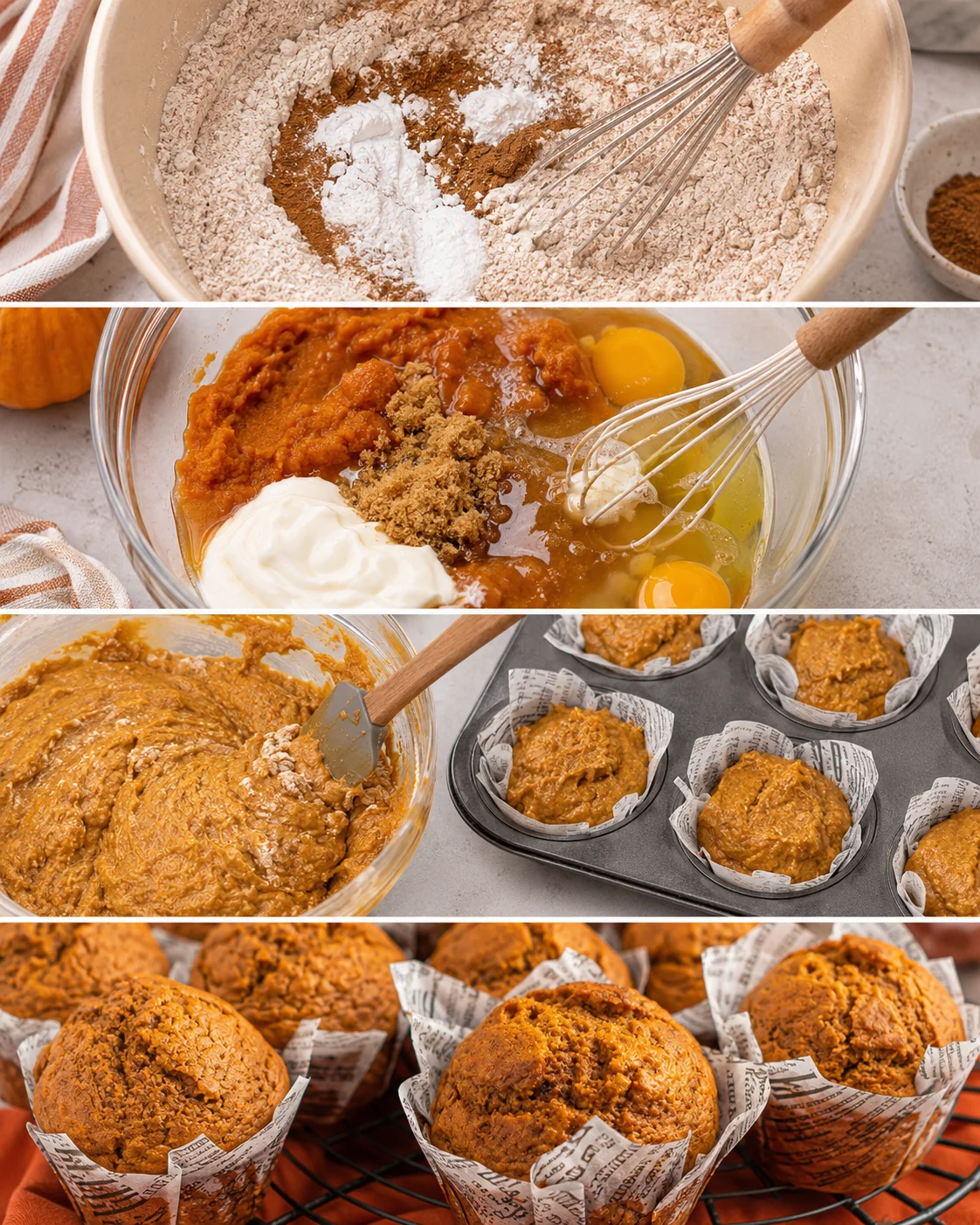 Baking fluffy, spiced pumpkin muffins with warm autumn flavors in a bowl.