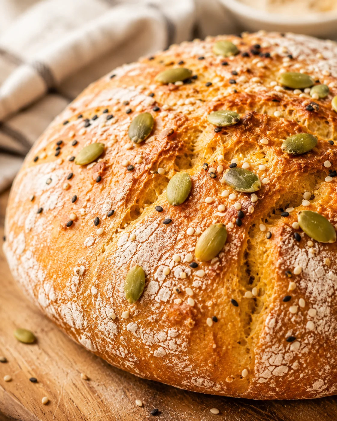 Close-up of freshly baked pumpkin bread topped with seeds and powder sugar.