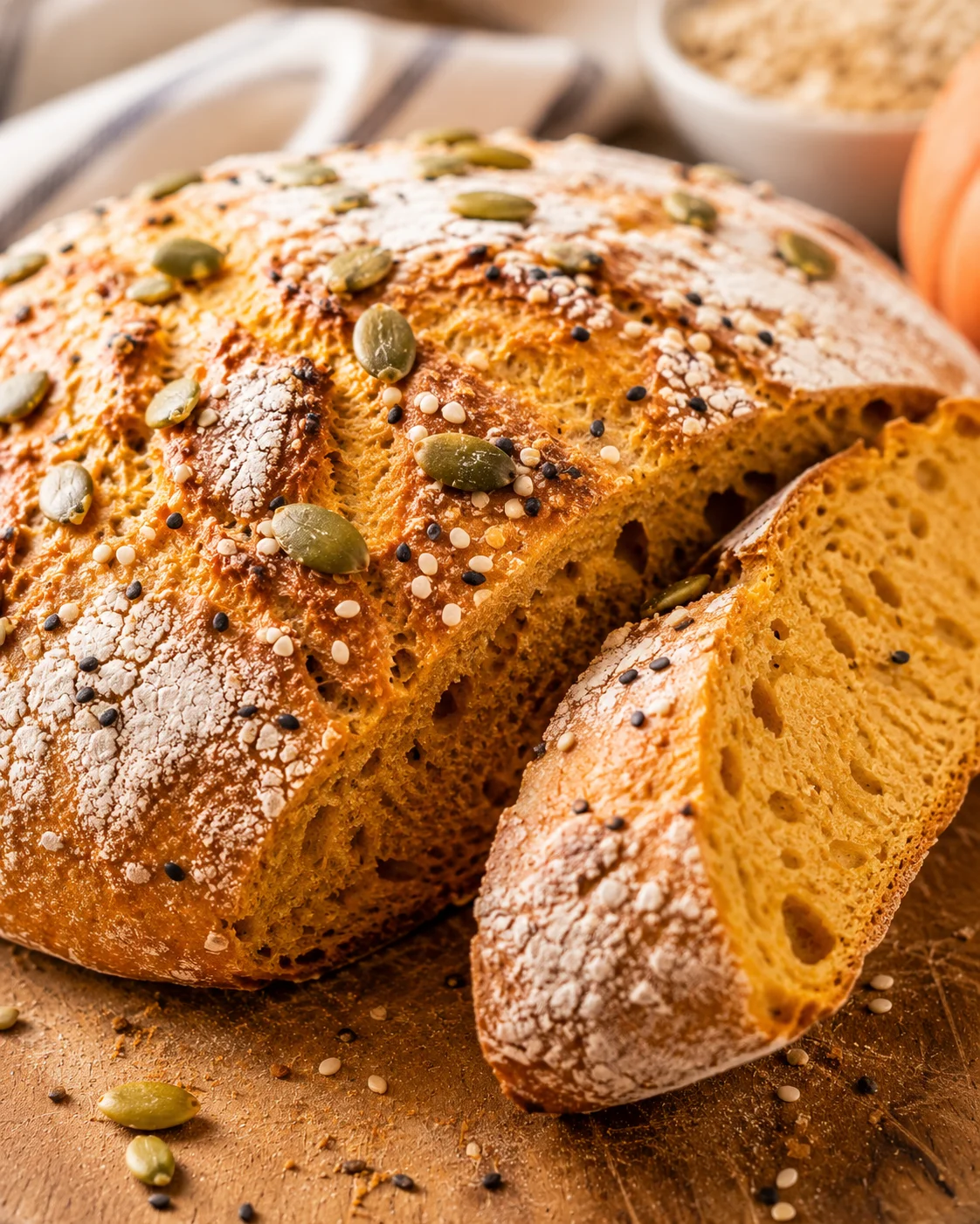 Rustic, freshly baked pumpkin bread topped with seeds and powdered sugar.