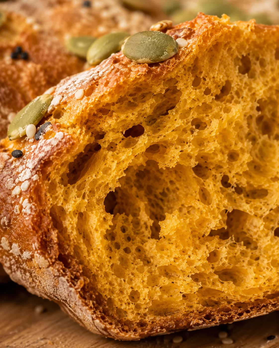 Close-up of fluffy, moist pumpkin bread with seeds and a golden crust