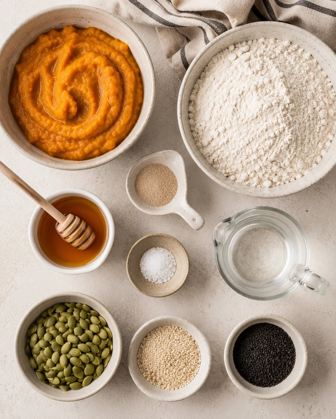 Bowl of vibrant pumpkin puree, bowls of flour, seeds, honey, and spices preparing for baking.