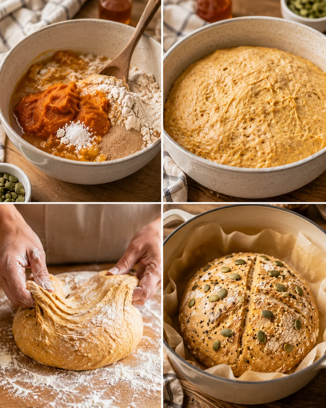 Steps of mixing, shaping, and baking No Knead Pumpkin Bread with seeds on top