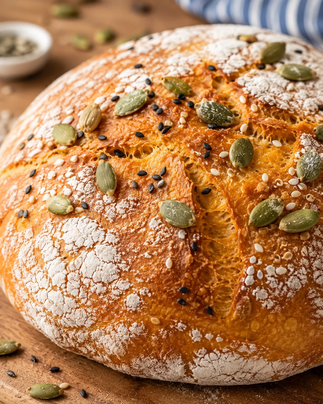 Golden, crusty pumpkin bread topped with seeds and powdered sugar, fresh from the oven.