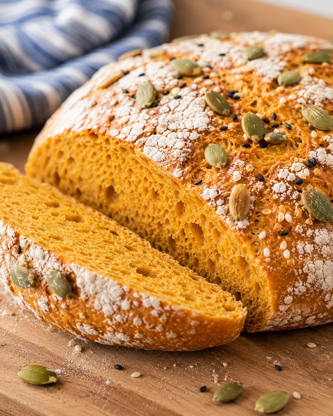 Close-up of freshly baked pumpkin bread topped with seeds and powdered sugar.