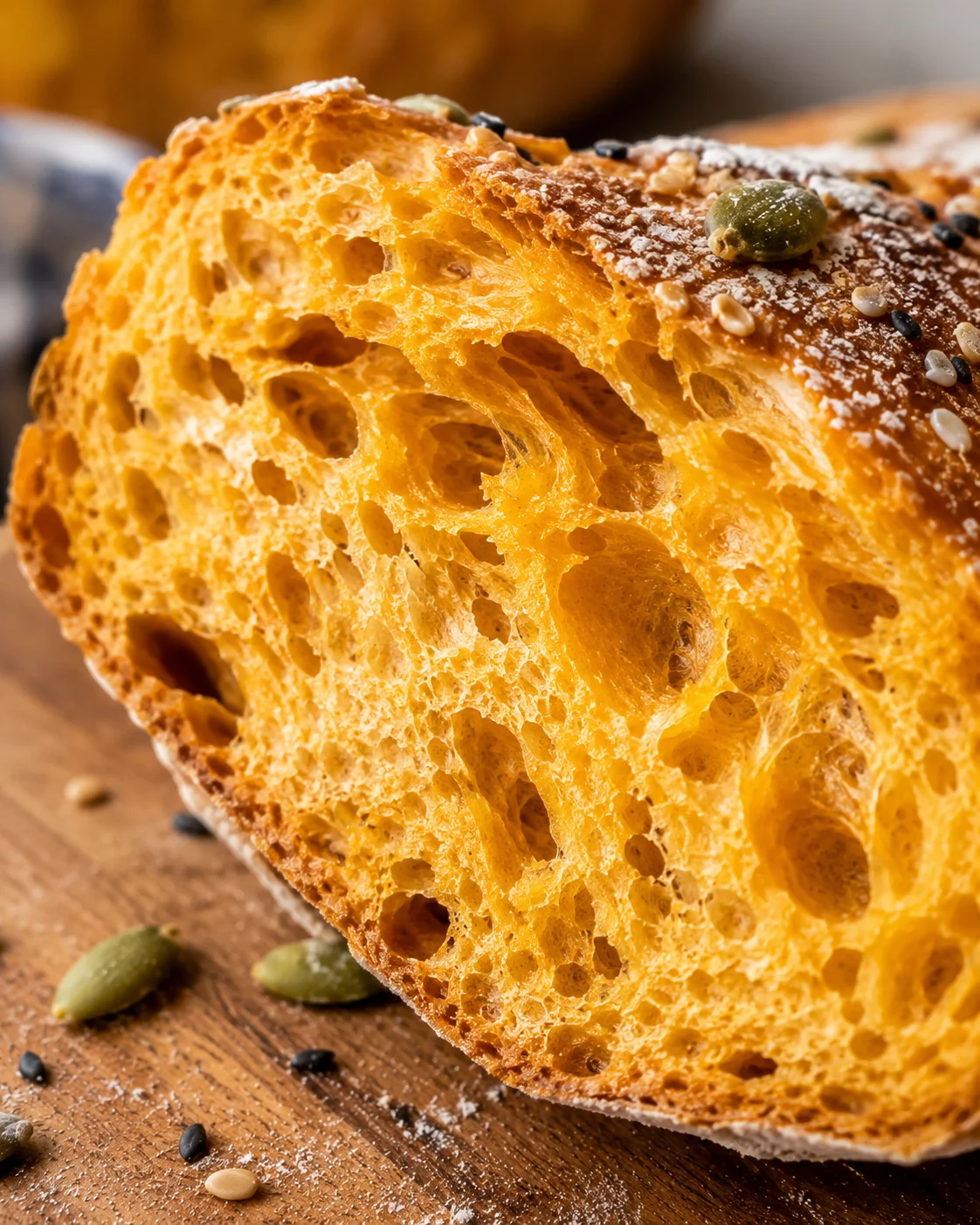 Close-up of a slice of warm, golden pumpkin bread with seeds on top