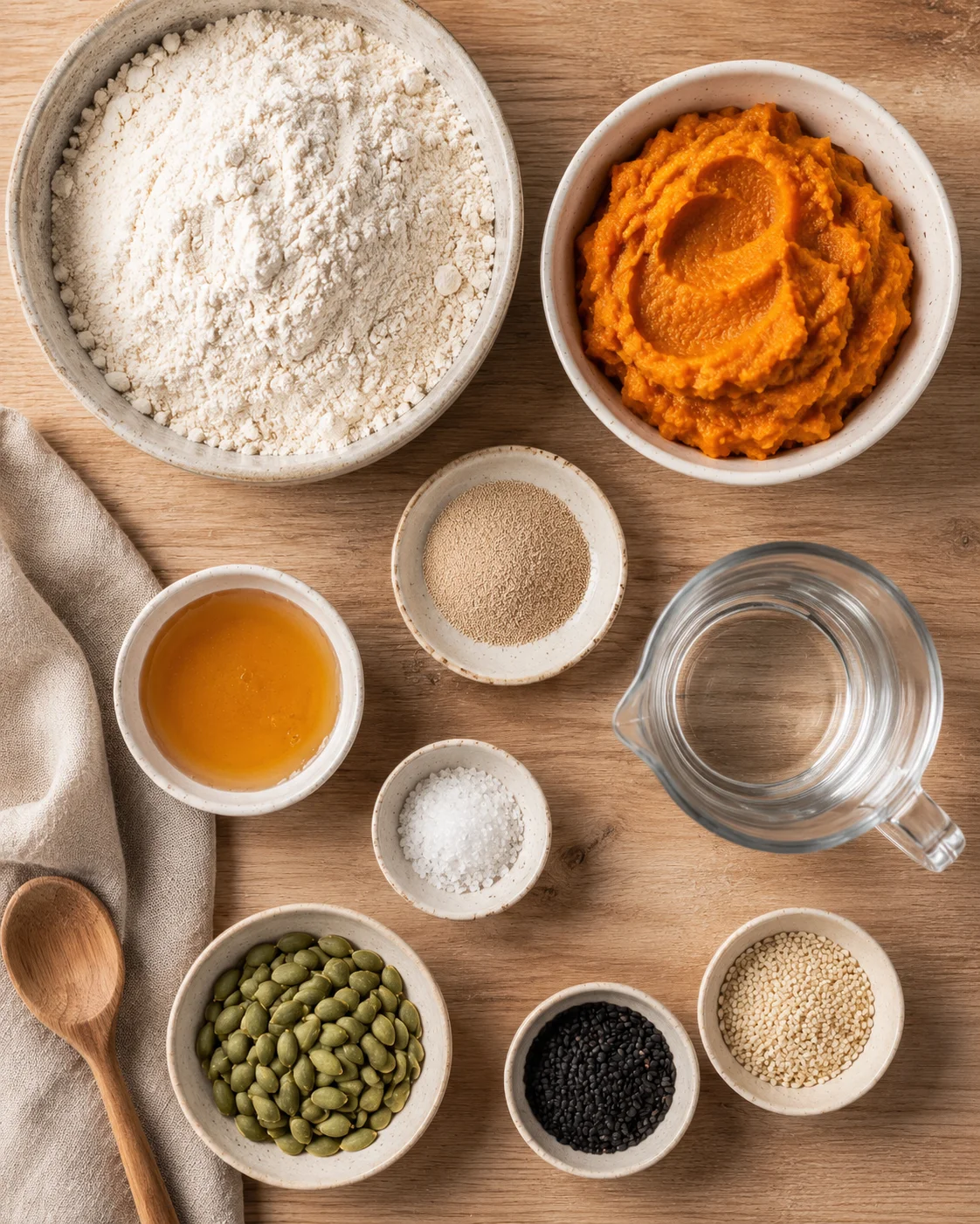 Display of pumpkin bread ingredients including flour, pumpkin puree, seeds, and spices.