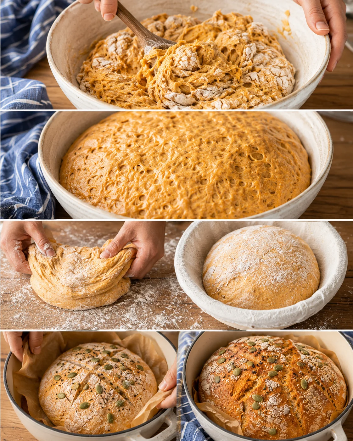 Steps of preparing and baking homemade pumpkin bread with pumpkin seeds.