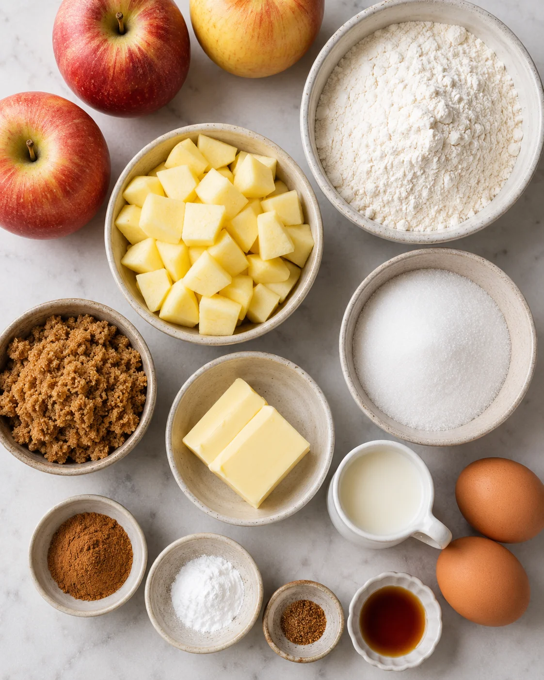Fresh ingredients for apple cinnamon bread with apples, flour, sugar, and spices.