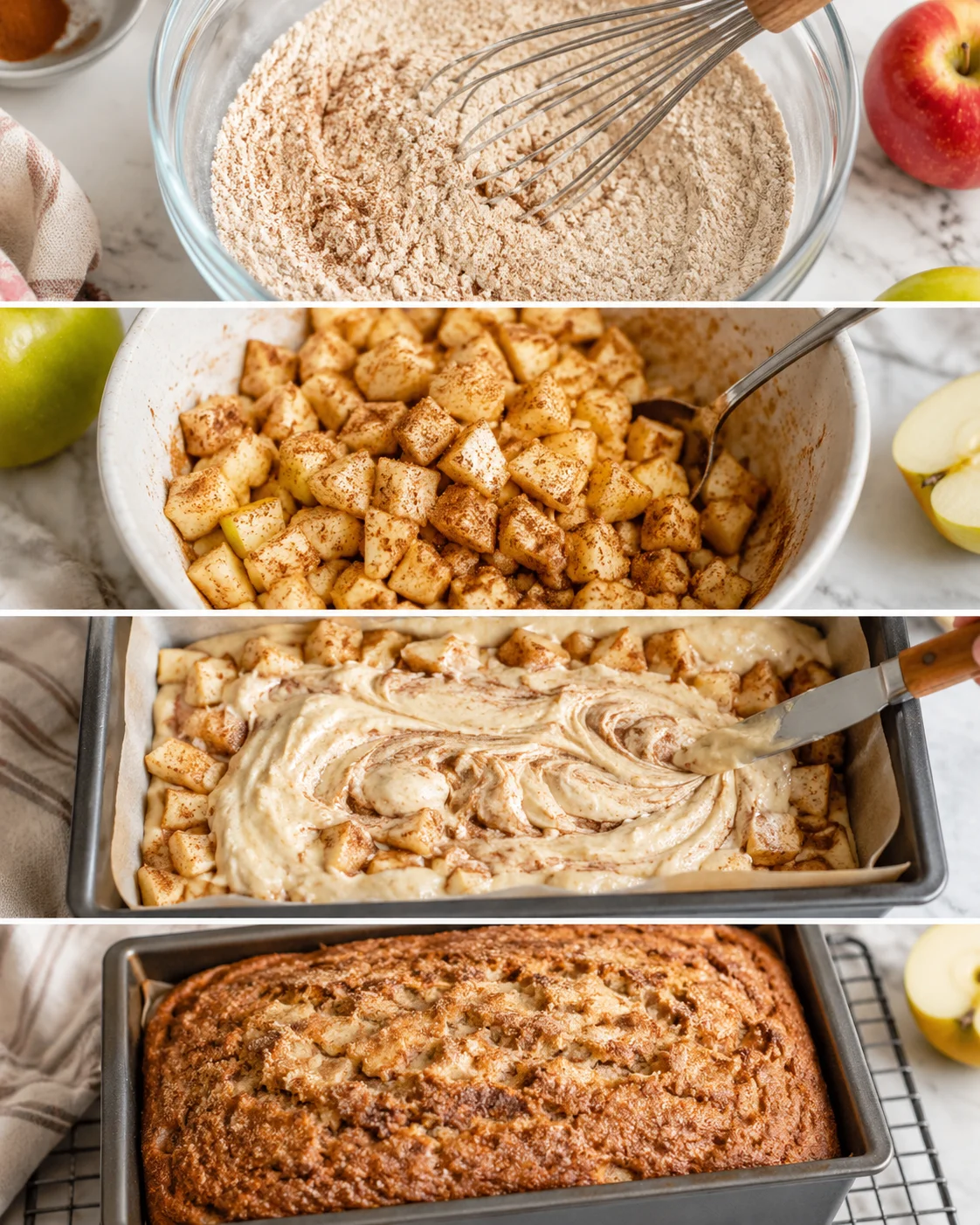 A freshly baked loaf with apple chunks and a cinnamon sugar crust cooling on a rack.