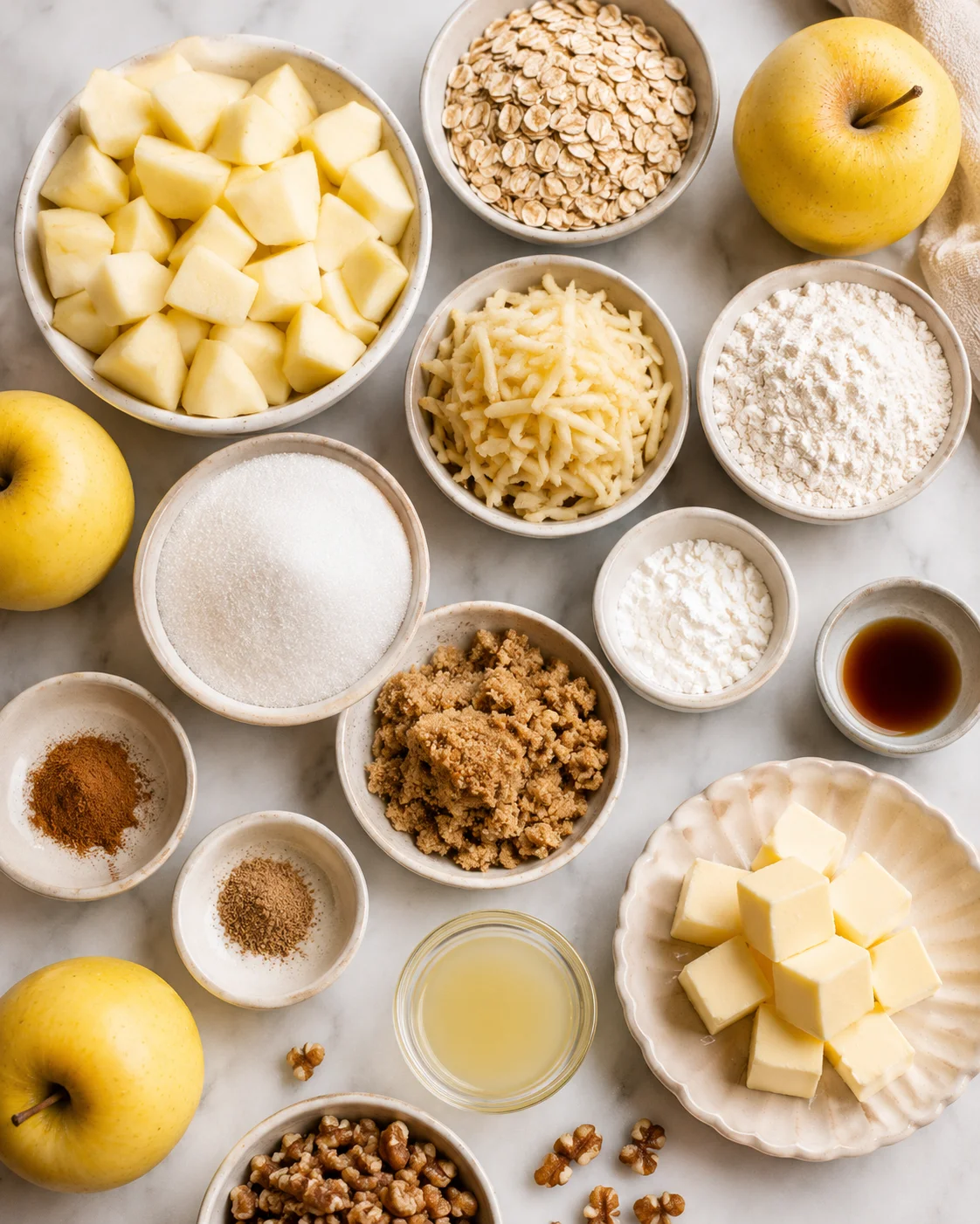 Assorted bowls of apples, oats, flour, and spices for making gluten-free apple crisp