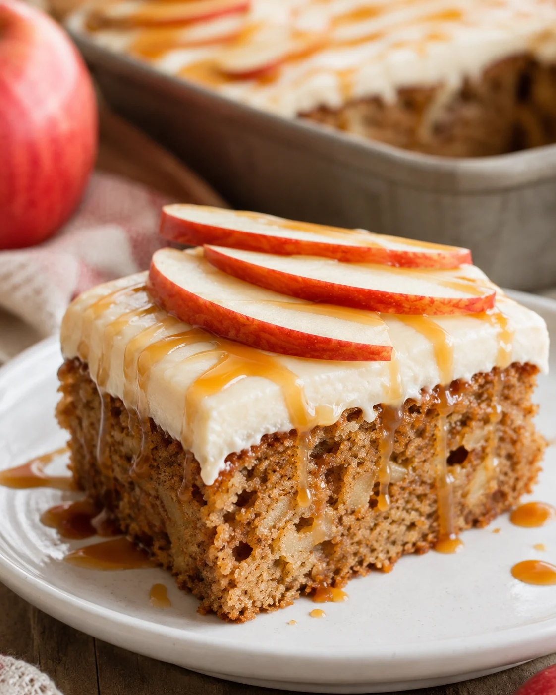 A slice of moist caramel apple cake topped with apple slices and caramel drizzle.