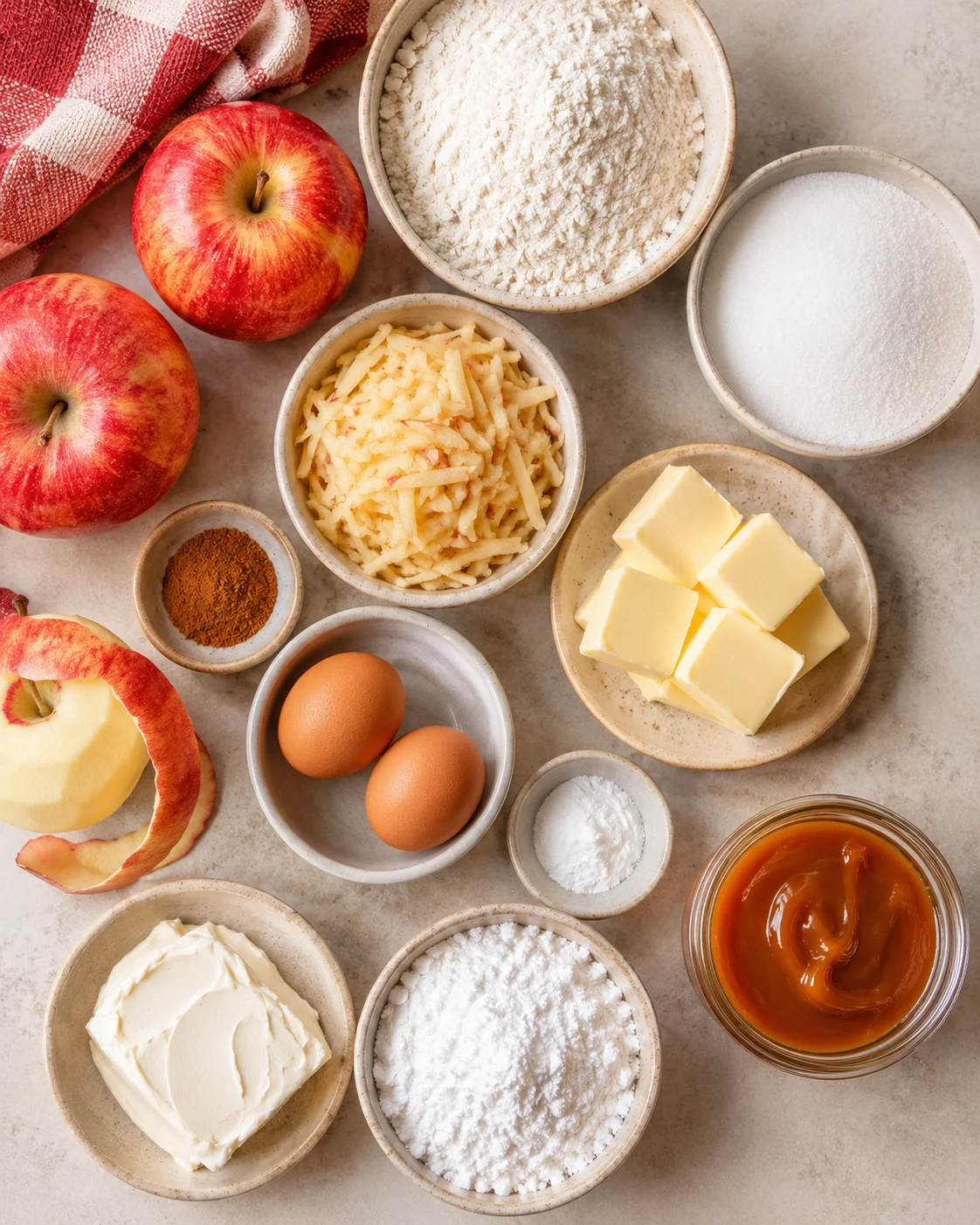 Assortment of ingredients including apples, flour, eggs, and caramel for apple cake