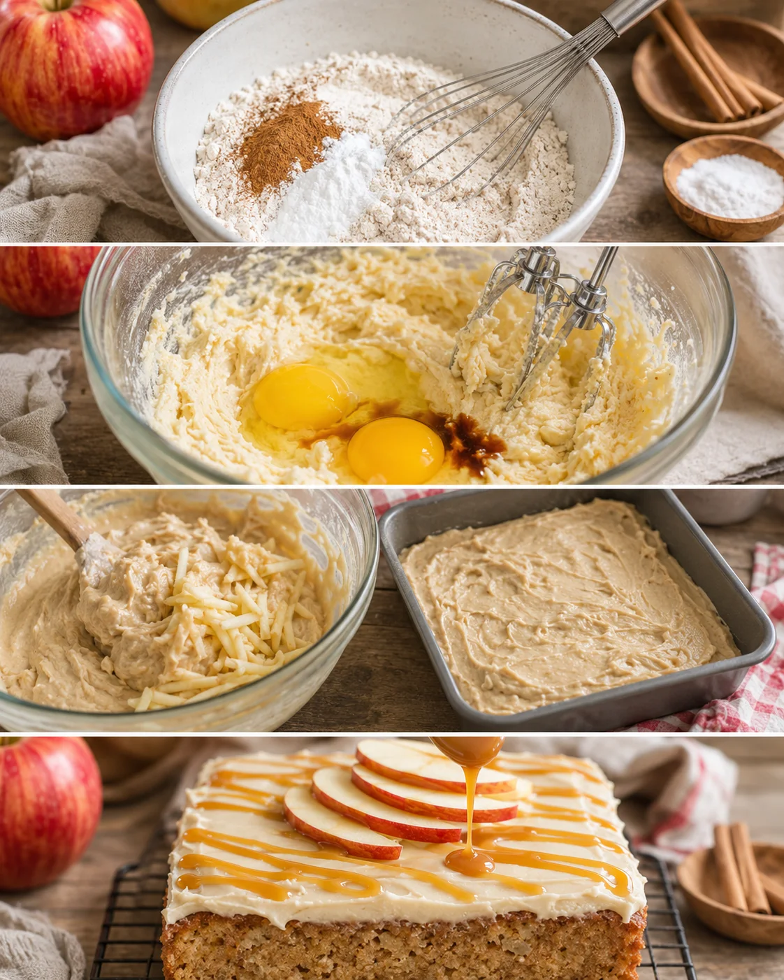 Step-by-step images of mixing batter, adding apple and baking progress.