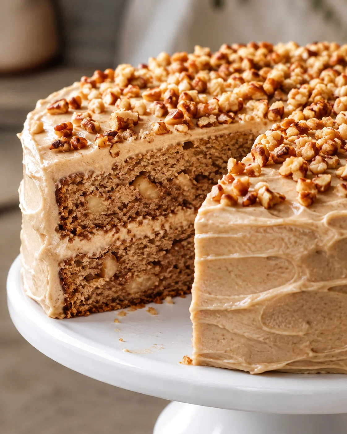 Delicious apple spice cake topped with toasted walnuts and creamy frosting
