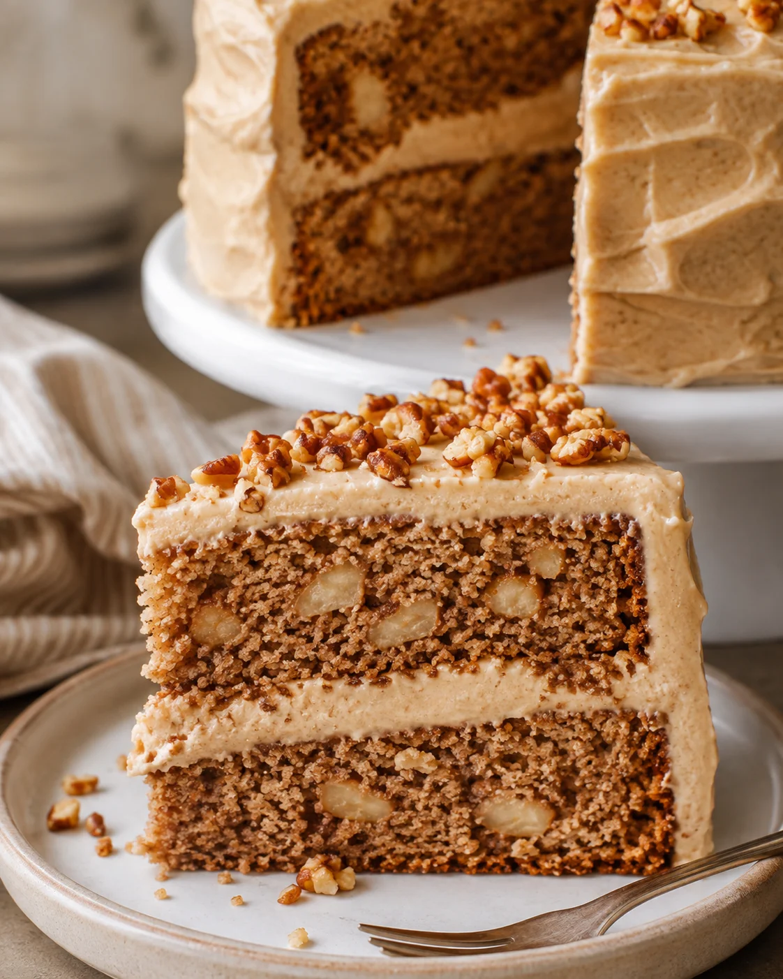 Slice of apple spice cake with brown sugar frosting and chopped nuts on top