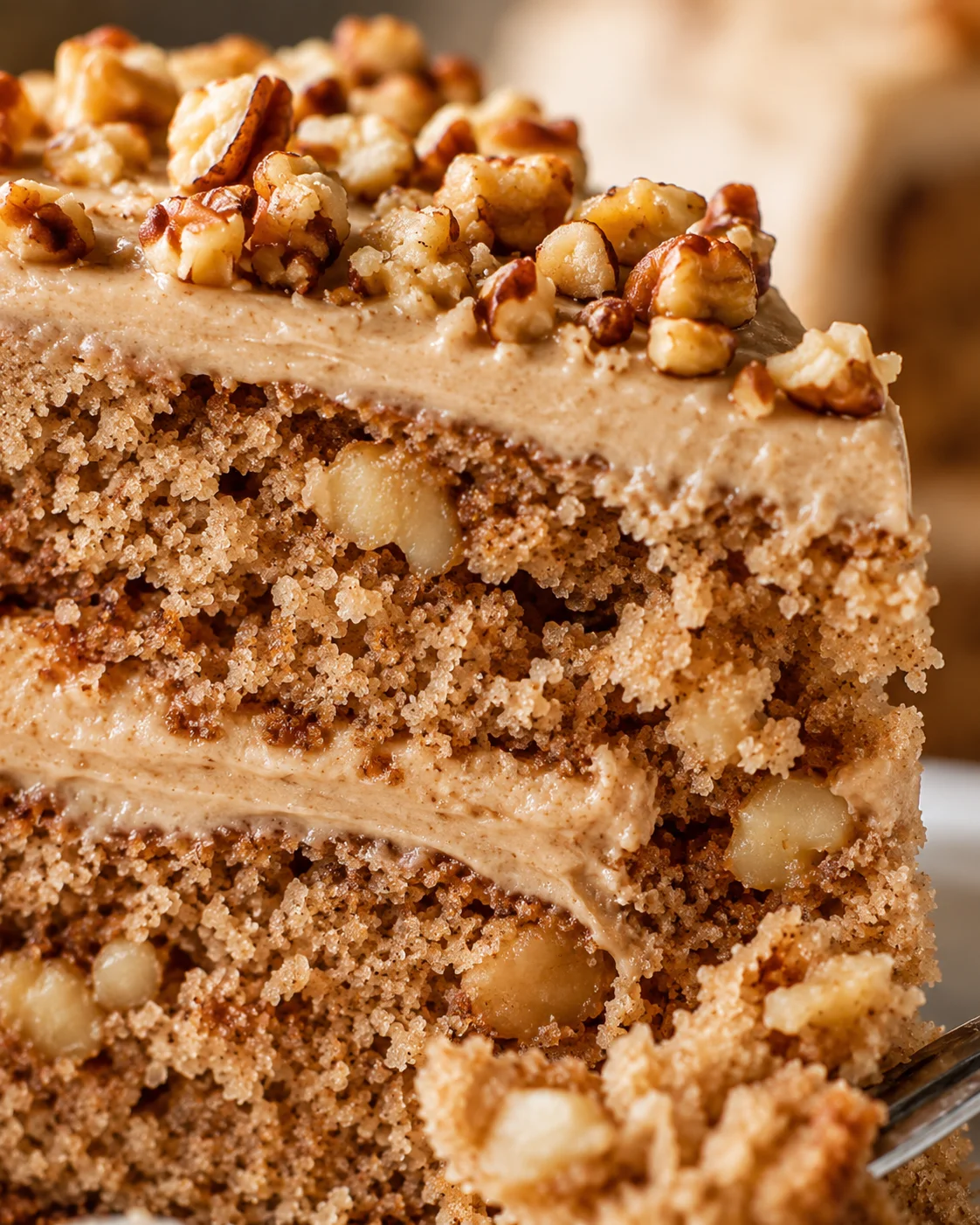 Close-up of moist apple spice cake topped with chopped walnuts.
