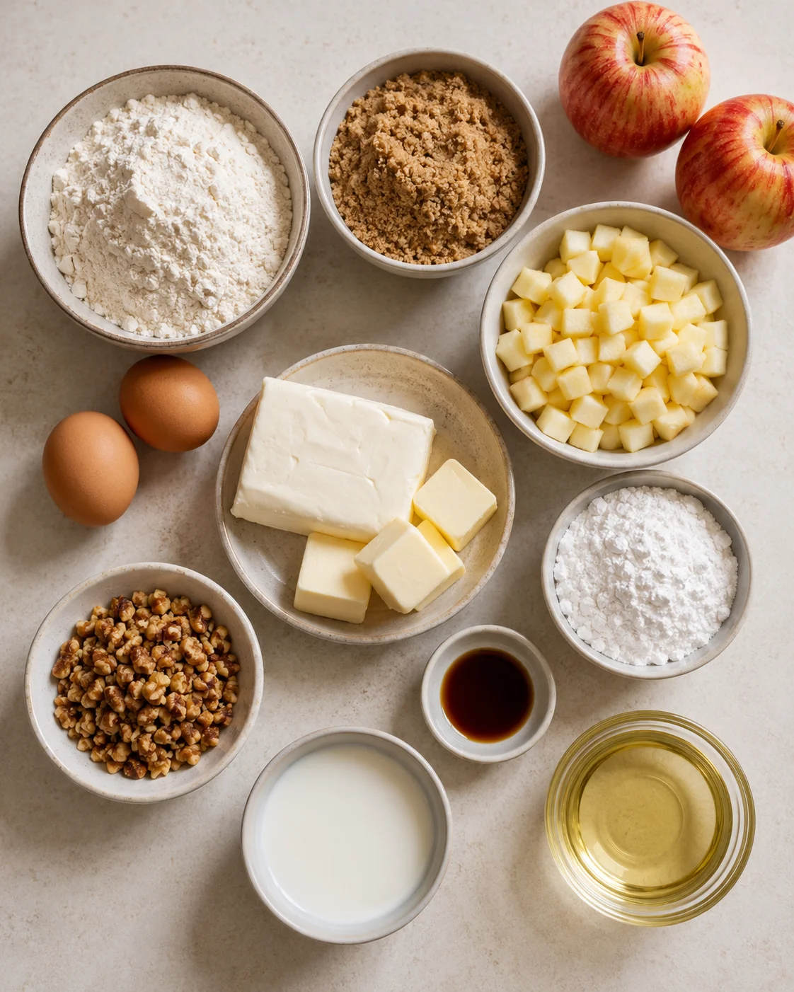 Assorted ingredients for apple spice cake including apples, flour, sugar, and spices.