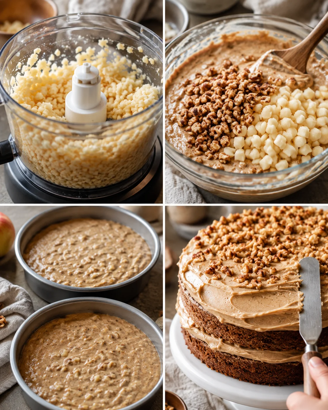 Delicious apple spice cake topped with brown sugar frosting and sprinkled with walnuts.