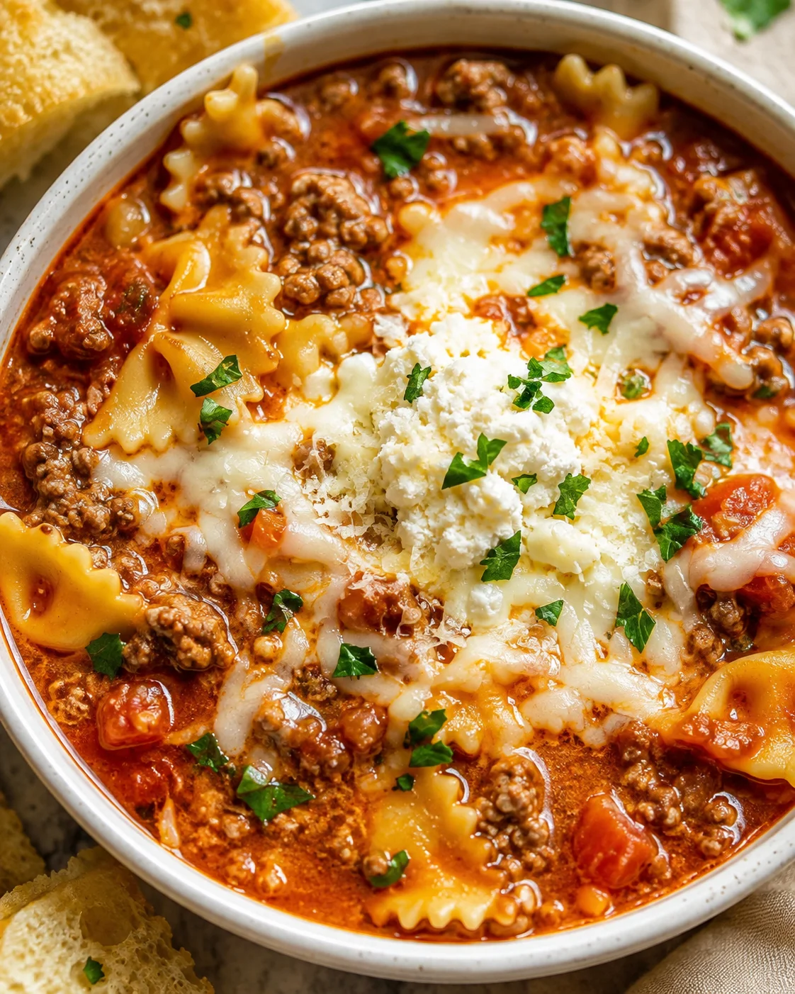 Delicious bowl of cheesy, savory lasagna soup garnished with herbs