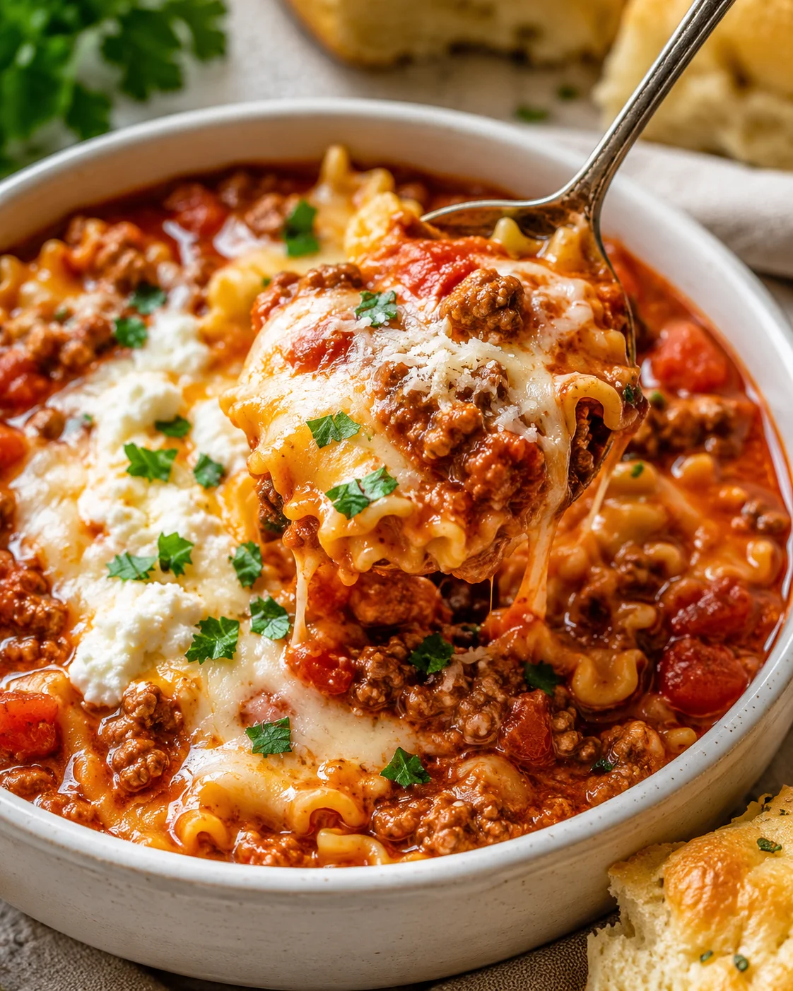 Close-up of cheesy lasagna soup with meat, pasta, and melted cheese in a bowl