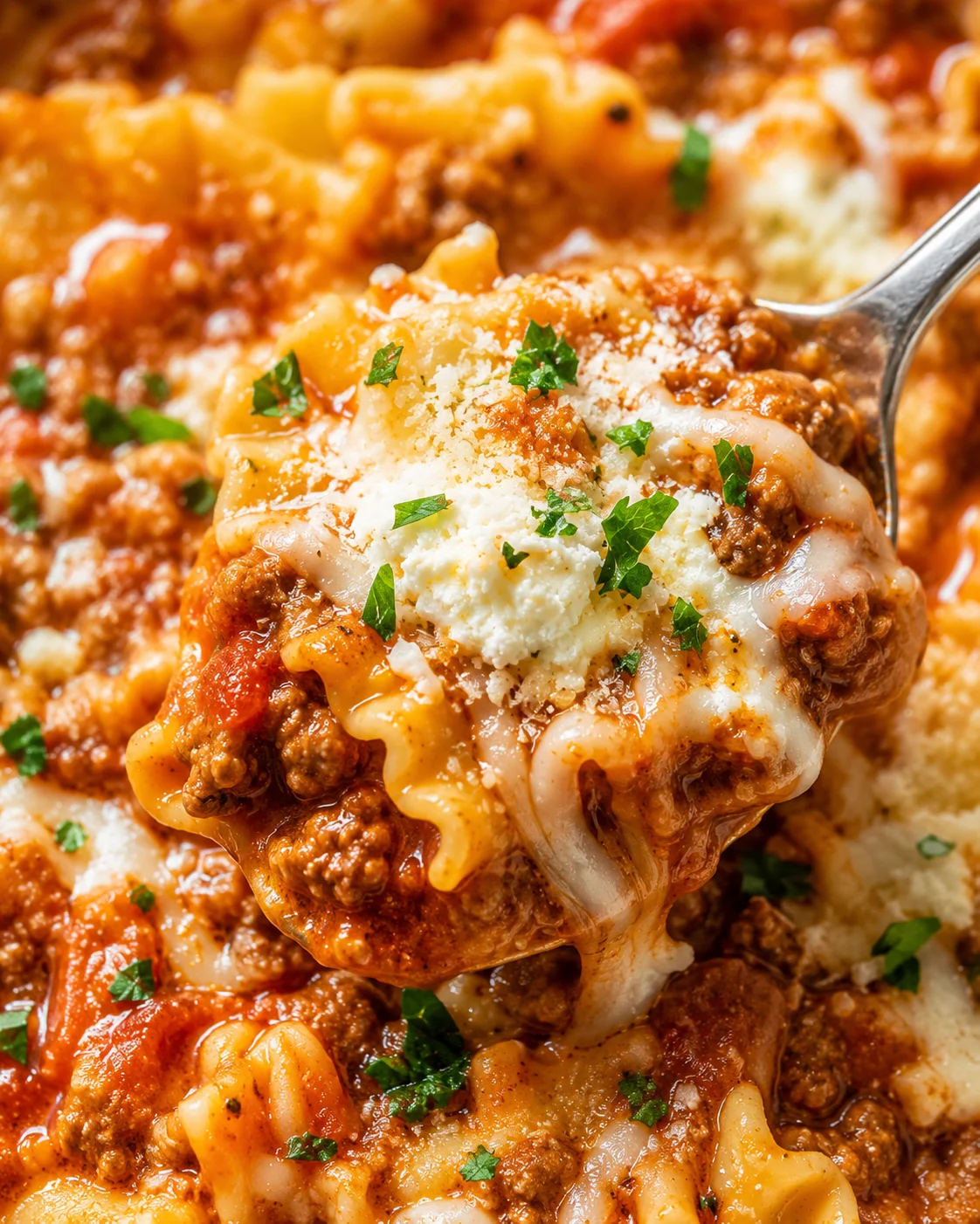 Close-up of a bowl of cheesy lasagna soup with herbs and melted cheese.