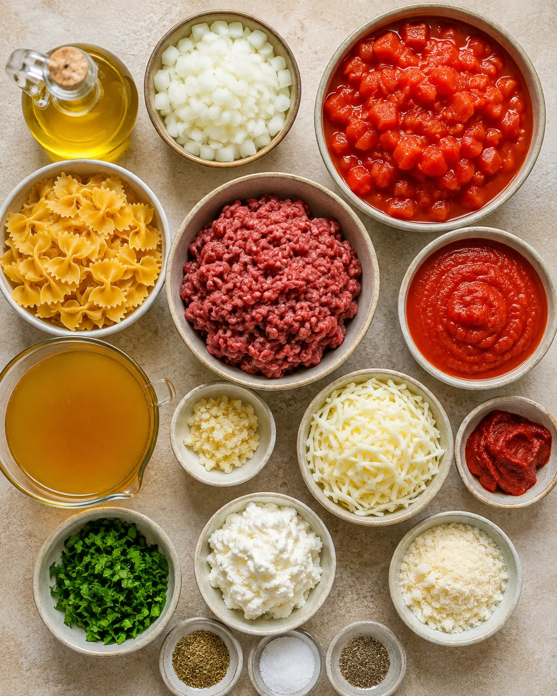 Ingredients for lasagna soup displayed in bowls, including pasta, tomatoes, cheese, and meat.