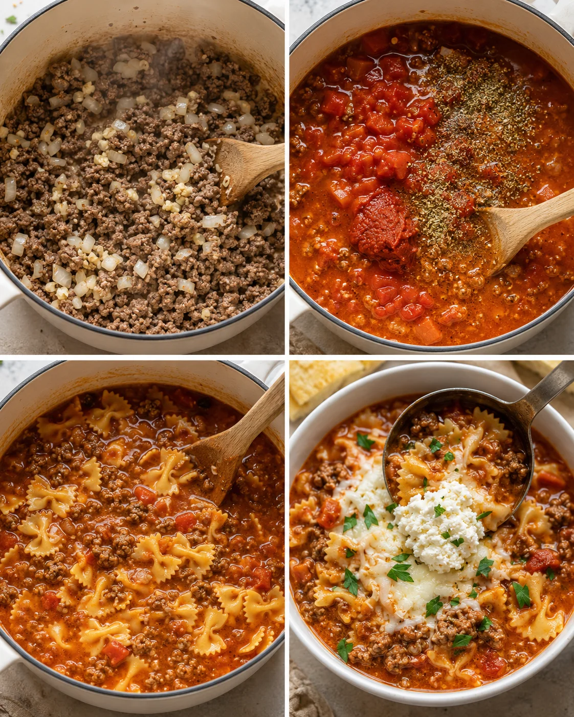 Delicious and hearty lasagna soup with cheese and tomato broth in a bowl