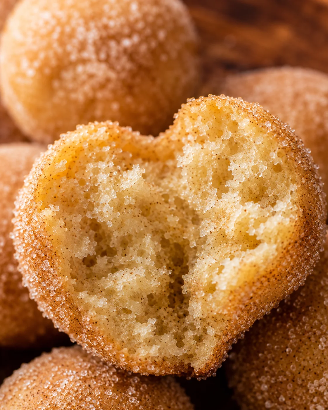 Close-up of fluffy baked apple cider donut with cinnamon sugar coating.