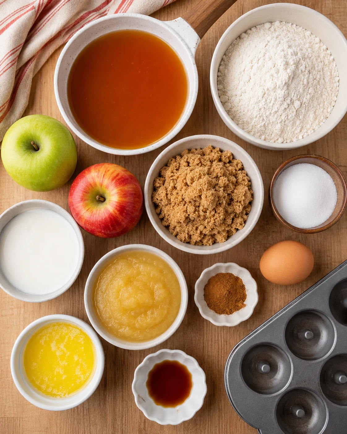 Ingredients for baked apple cider donuts displayed on a wooden surface.