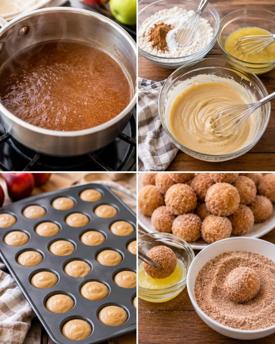 Step-by-step process of making baked apple cider donuts with ingredients and batter